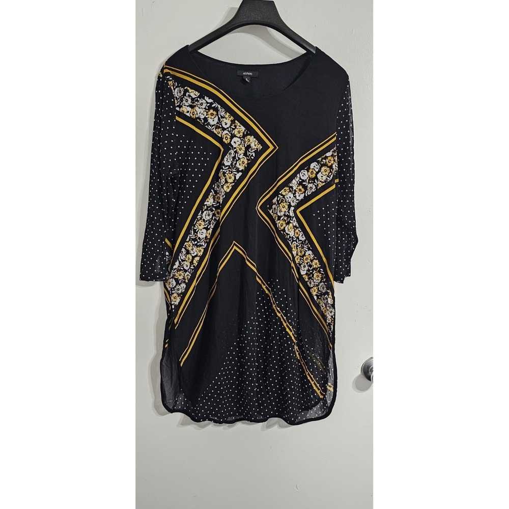 Alfani Womens Printed Mesh Tunic Top Extra Large Black White Yellow Casual Lined